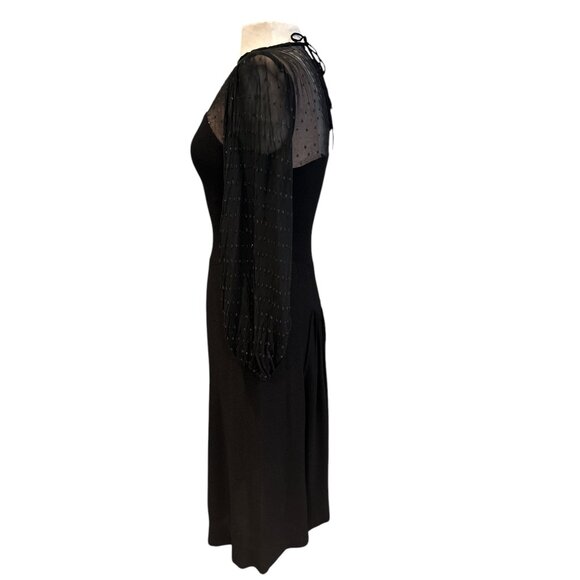 Vintage Black Midi Dress With Sheer Polka Dot Sleeves & Sweetheart Neckline - Picture 3 of 16